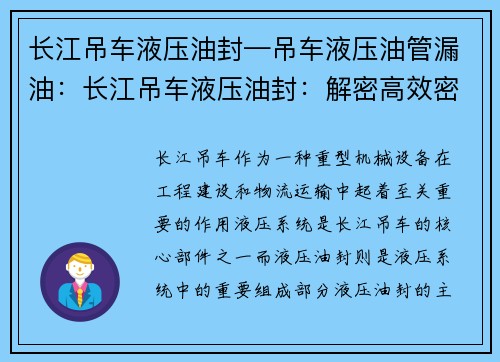 长江吊车液压油封—吊车液压油管漏油：长江吊车液压油封：解密高效密封技术